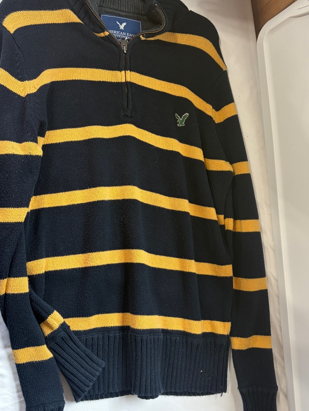 American Eagle Outfitters Navy and Yellow Striped Half-Zip Sweater